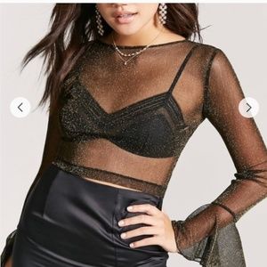 ✨New Black w Gold Glitter Mesh Crop Top
